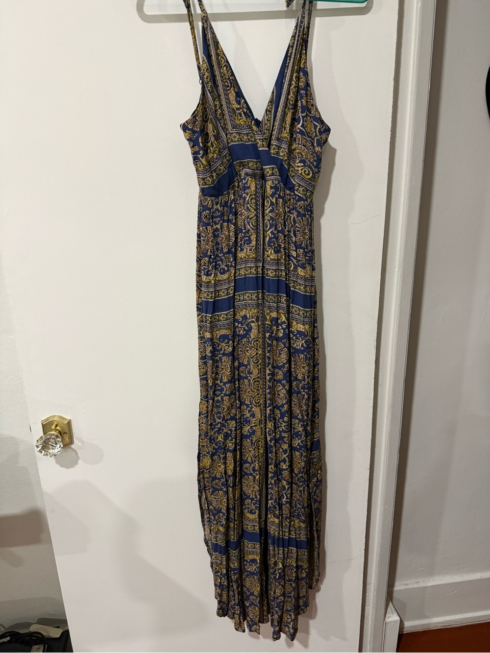 Xtaren Navy and Gold Printed V-Neck Maxi Dress